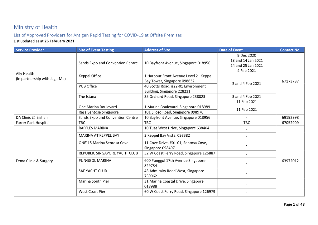 Ministry of Health List of Approved Providers for Antigen Rapid Testing for COVID-19 at Offsite Premises List Updated As at 26 February 2021