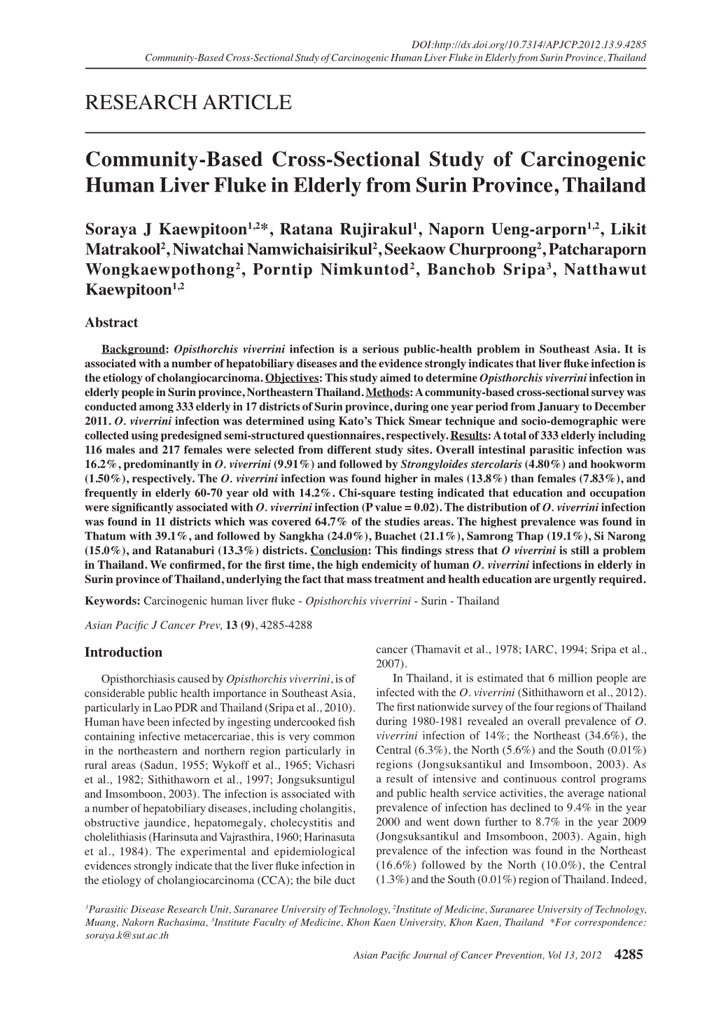 Community-Based Cross-Sectional Study of Carcinogenic Human Liver Fluke in Elderly from Surin Province, Thailand