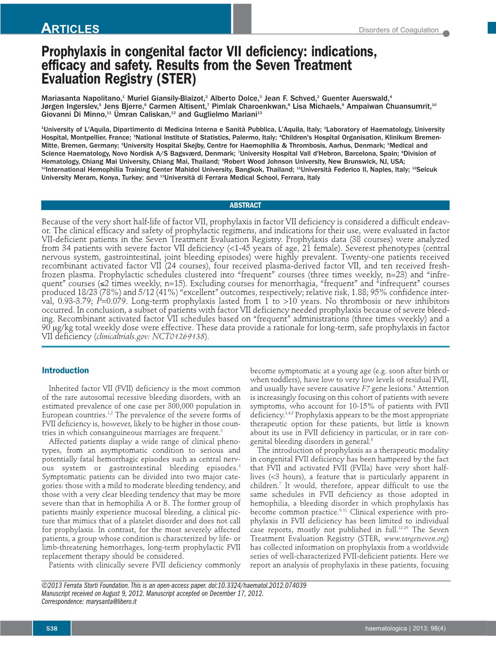 Prophylaxis in Congenital Factor VII Deficiency: Indications, Efficacy and Safety