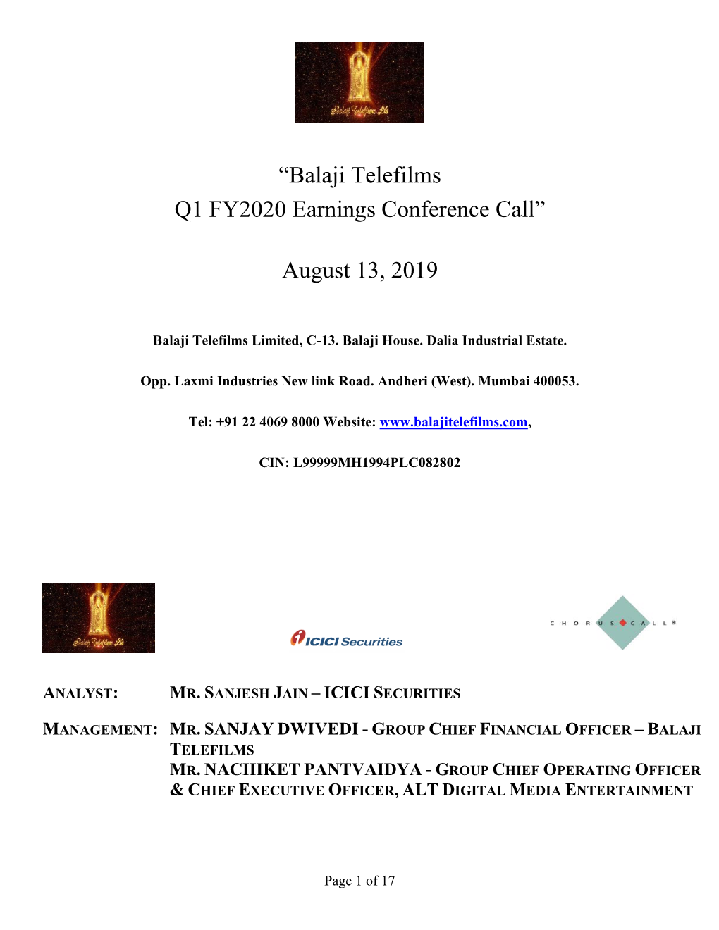 “Balaji Telefilms Q1 FY2020 Earnings Conference Call” August 13, 2019