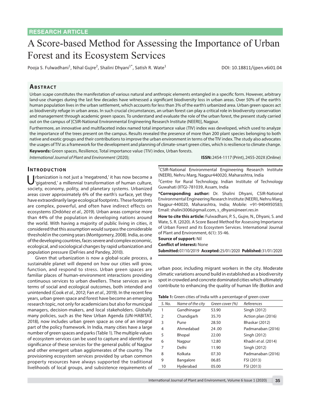 A Score-Based Method for Assessing the Importance of Urban Forest and Its Ecosystem Services Pooja S