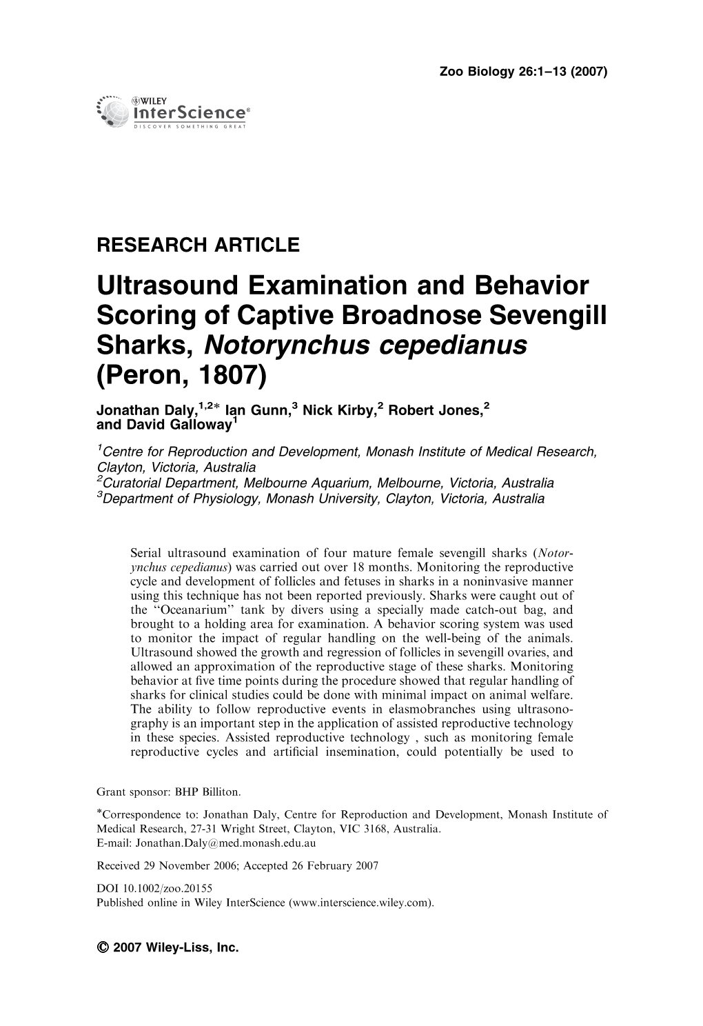 Ultrasound Examination and Behavior Scoring of Captive Broadnose Sevengill Sharks, Notorynchus Cepedianus (Peron, 1807)