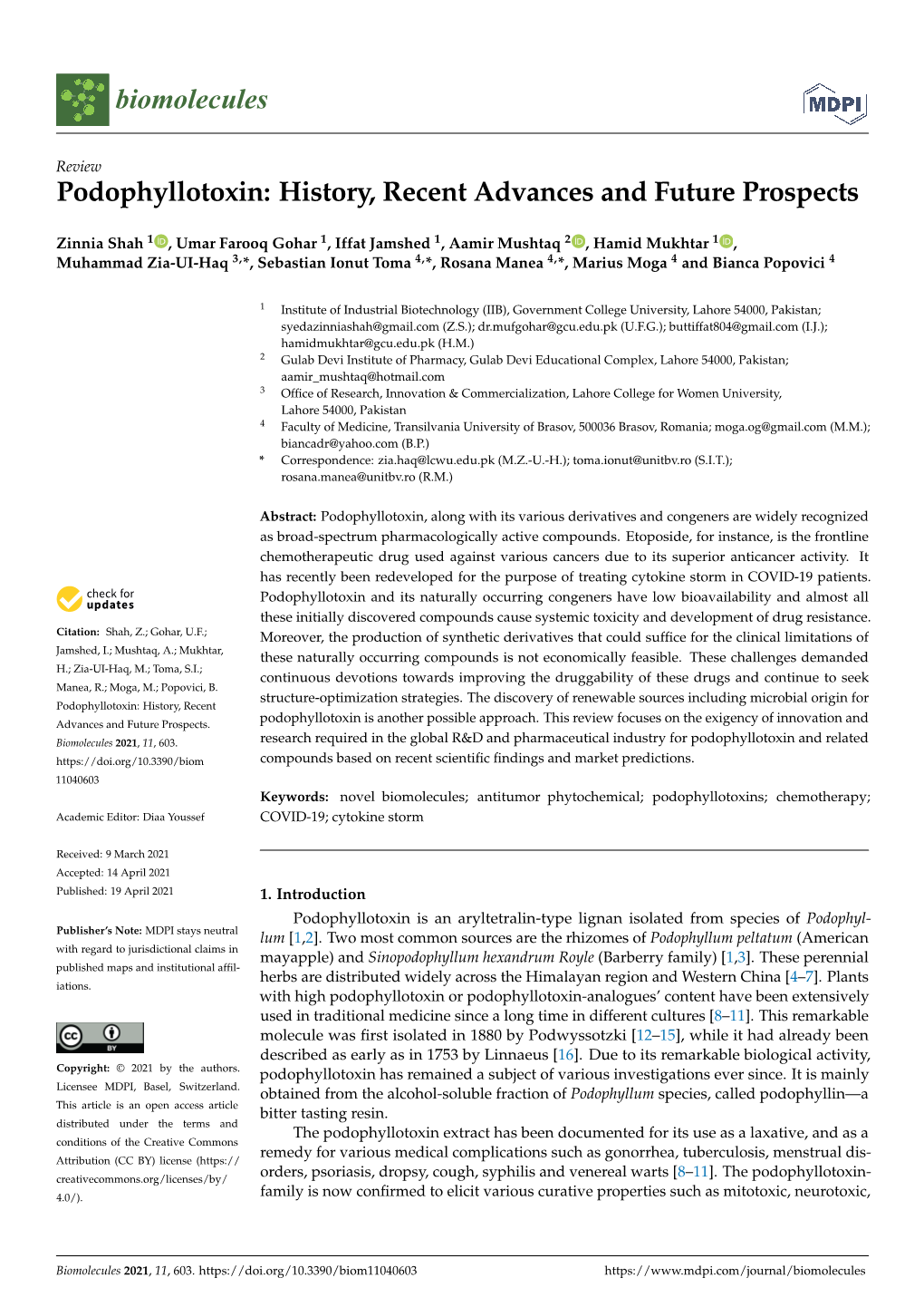 Podophyllotoxin: History, Recent Advances and Future Prospects