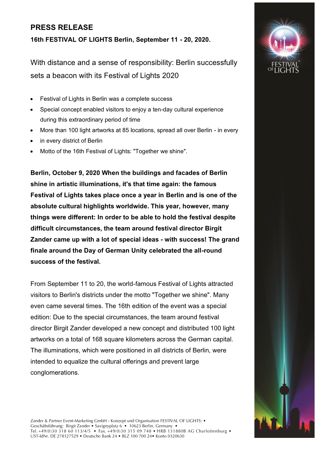 PRESS RELEASE with Distance and a Sense of Responsibility: Berlin Successfully Sets a Beacon with Its Festival of Lights 2020