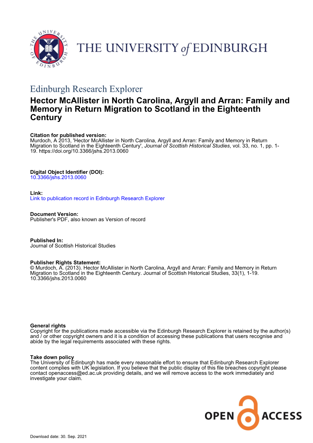 Hector Mcallister in North Carolina, Argyll and Arran: Family and Memory in Return Migration to Scotland in the Eighteenth