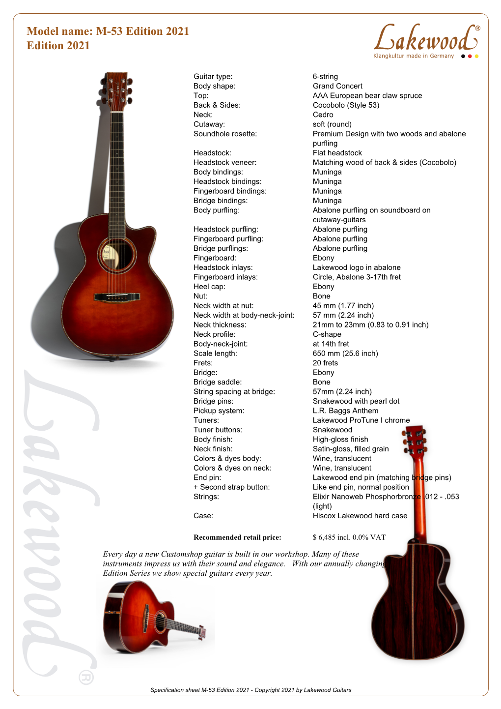 Specification Sheet M-53 Edition 2021 - Copyright 2021 by Lakewood Guitars