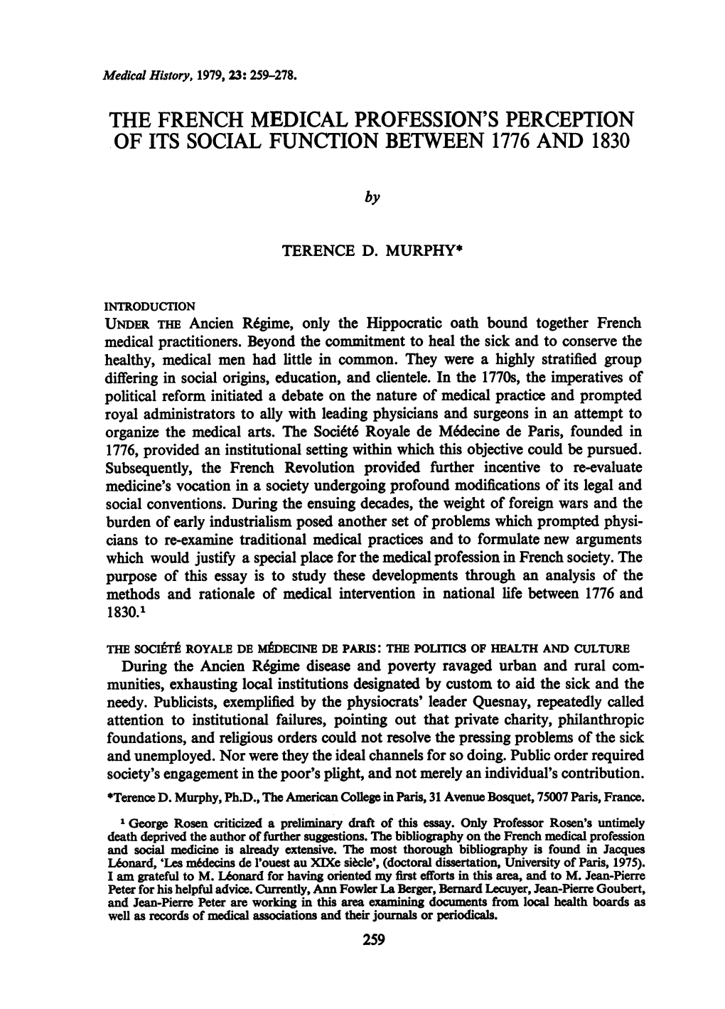 The French Medical Profession's Perception of Its Social Function Between 1776 and 1830