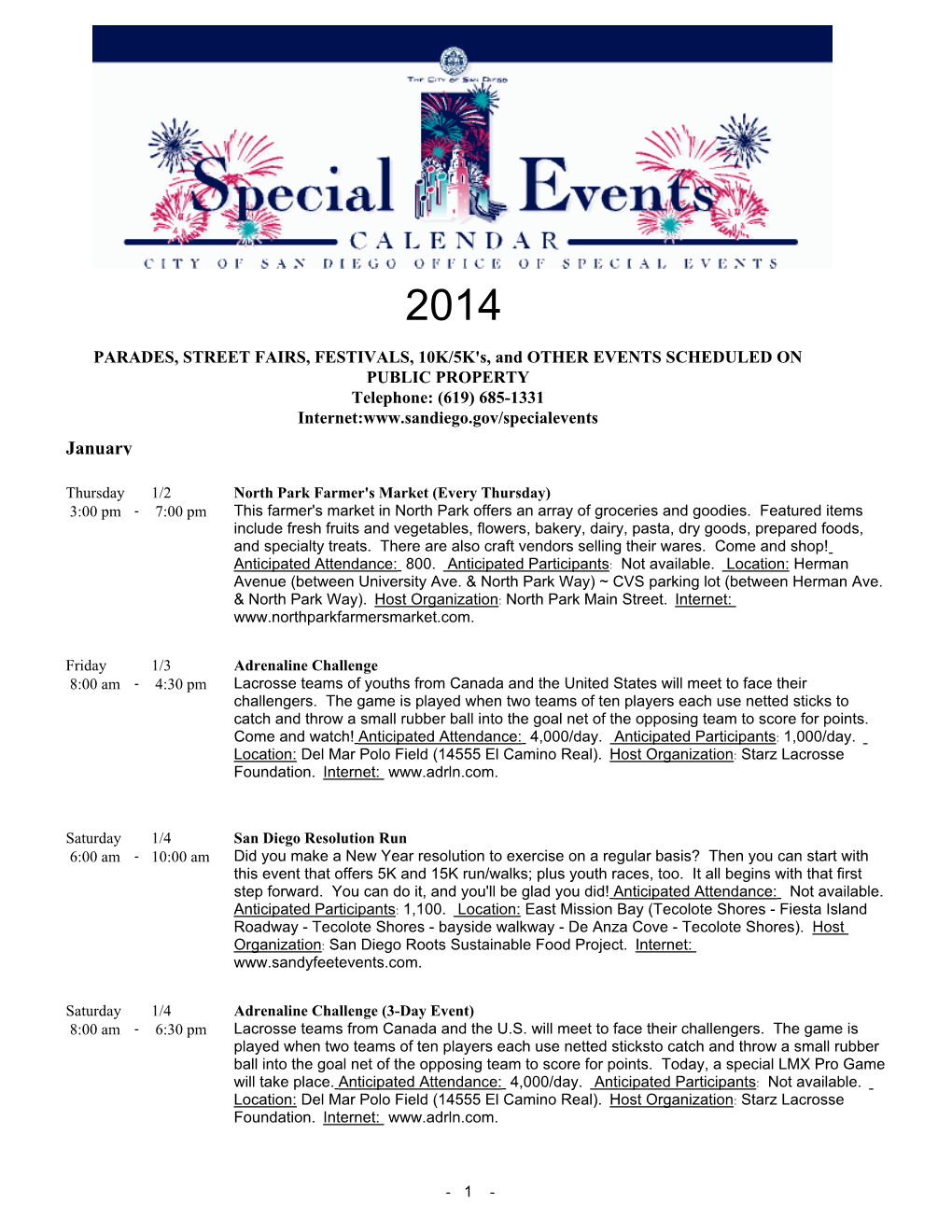 Special Events Calendar
