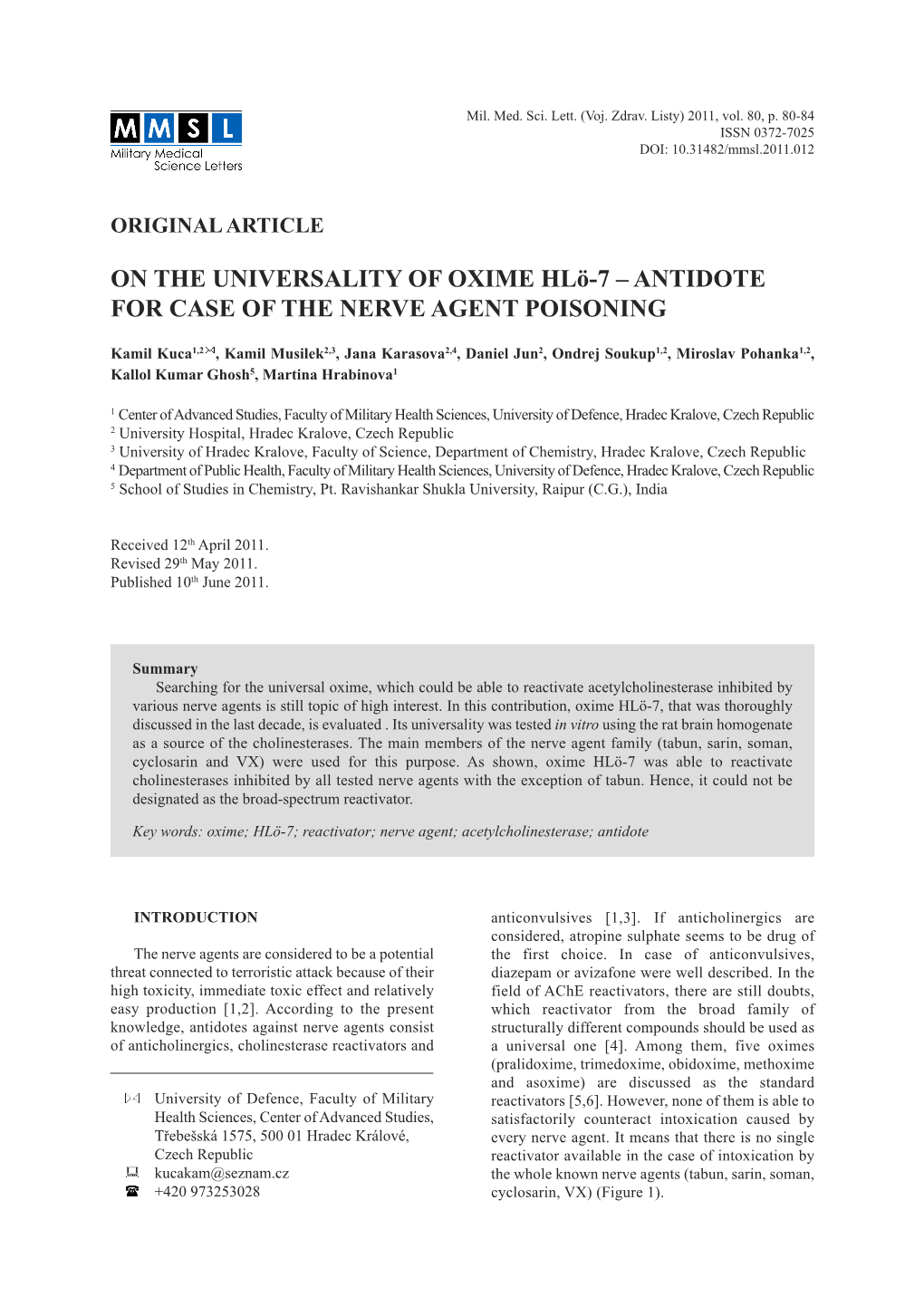 On the Universality of Oxime Hlö-7 – Antidote for Case of the Nerve Agent Poisoning