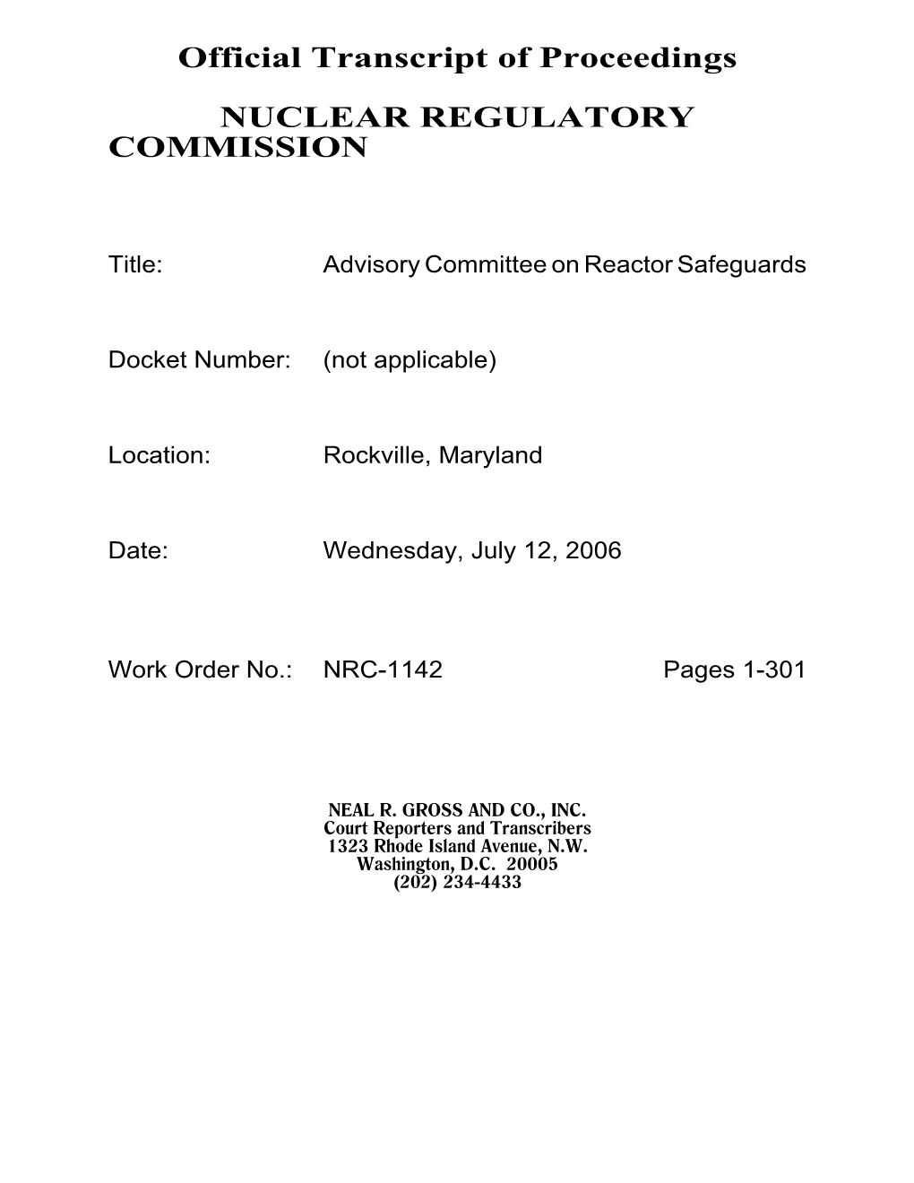 Official Transcript of Proceedings NUCLEAR REGULATORY COMMISSION