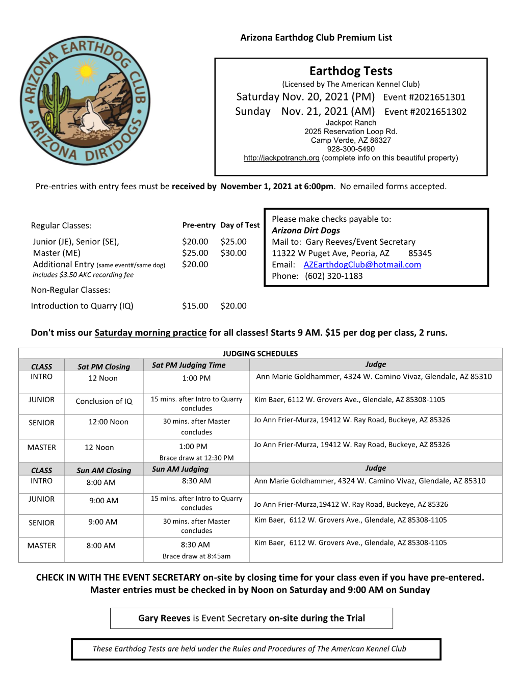 Earthdog Tests (Licensed by the American Kennel Club) Saturday Nov