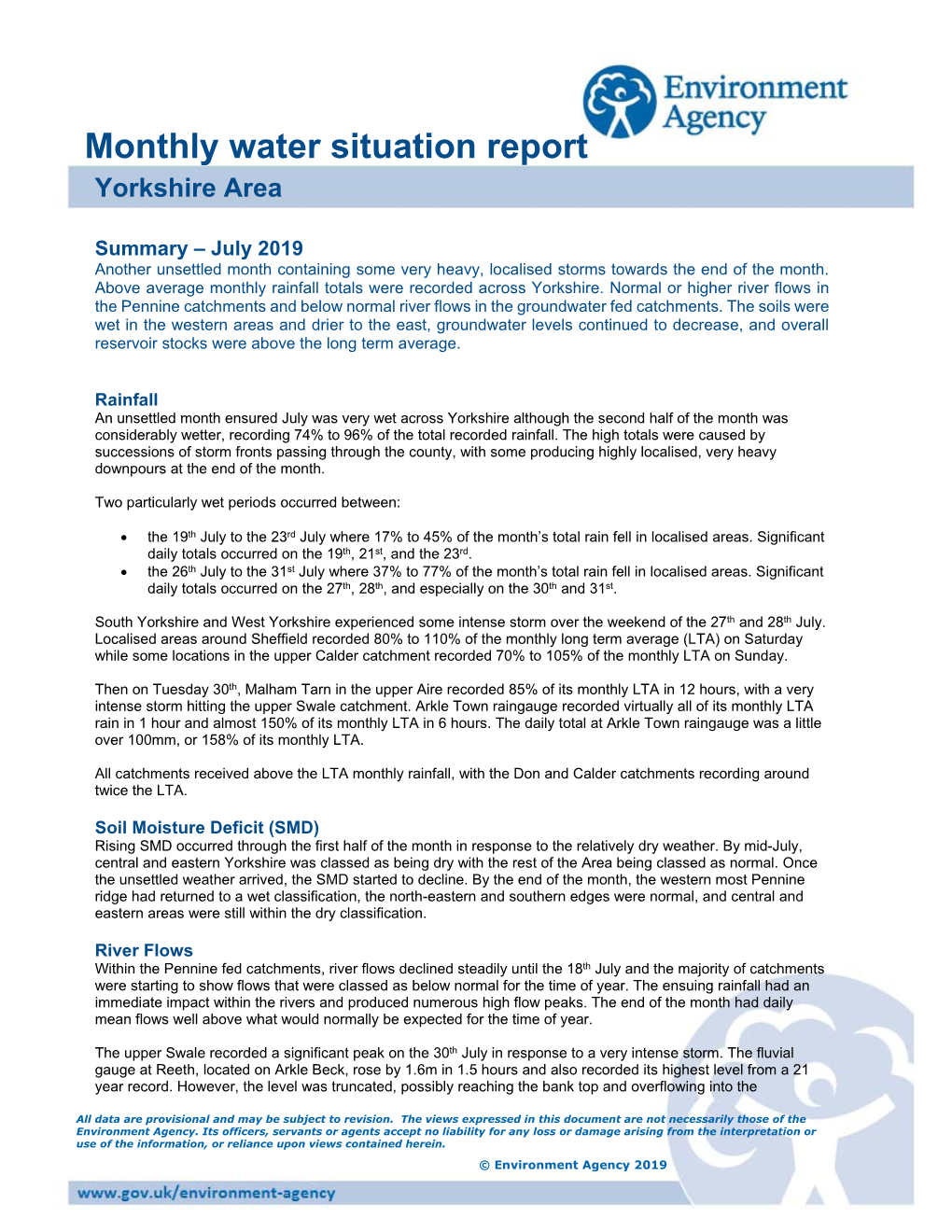 Monthly Water Situation Report Yorkshire Area