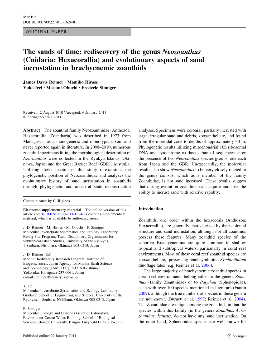 The Sands of Time: Rediscovery of the Genus Neozoanthus (Cnidaria: Hexacorallia) and Evolutionary Aspects of Sand Incrustation in Brachycnemic Zoanthids