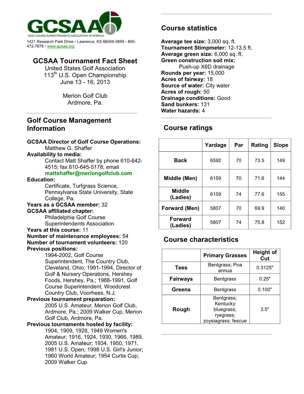 GCSAA Tournament Fact Sheet Golf Course Management Information