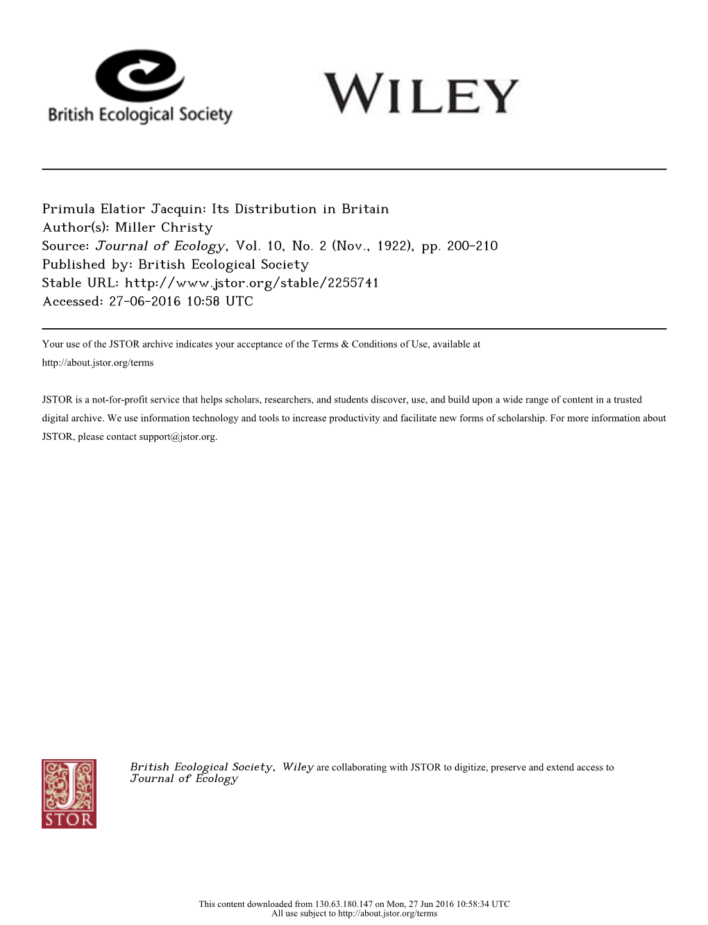 Primula Elatior Jacquin: Its Distribution in Britain Author(S): Miller Christy Source: Journal of Ecology, Vol