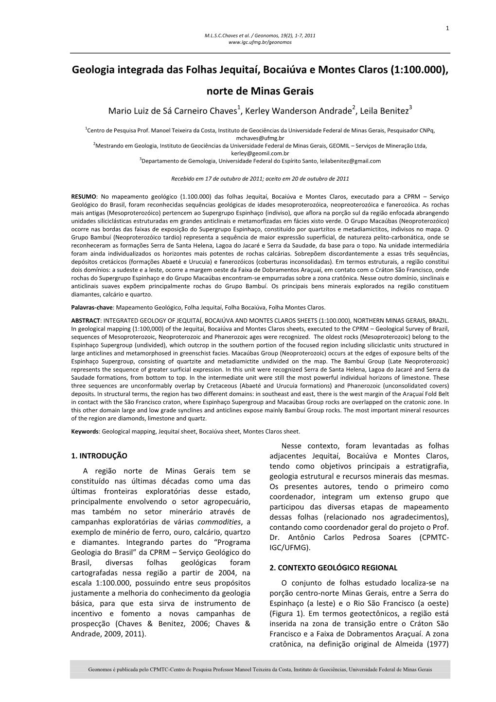 Geologia Integrada Das Folhas Jequitaí, Bocaiúva E Montes Claros