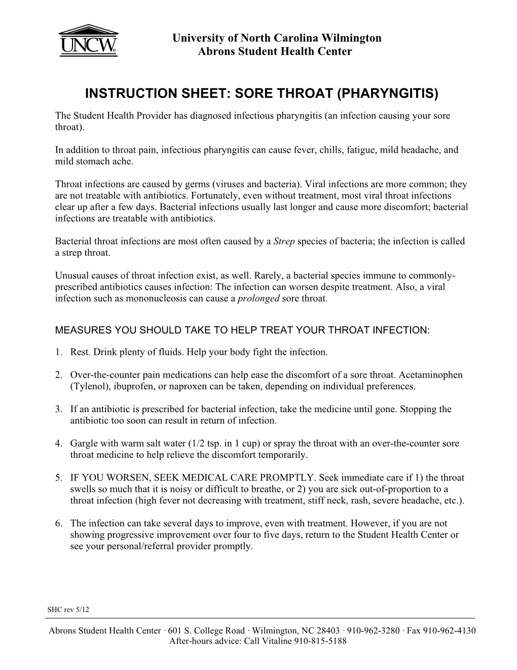 Instruction Sheet: Sore Throat (Pharyngitis)