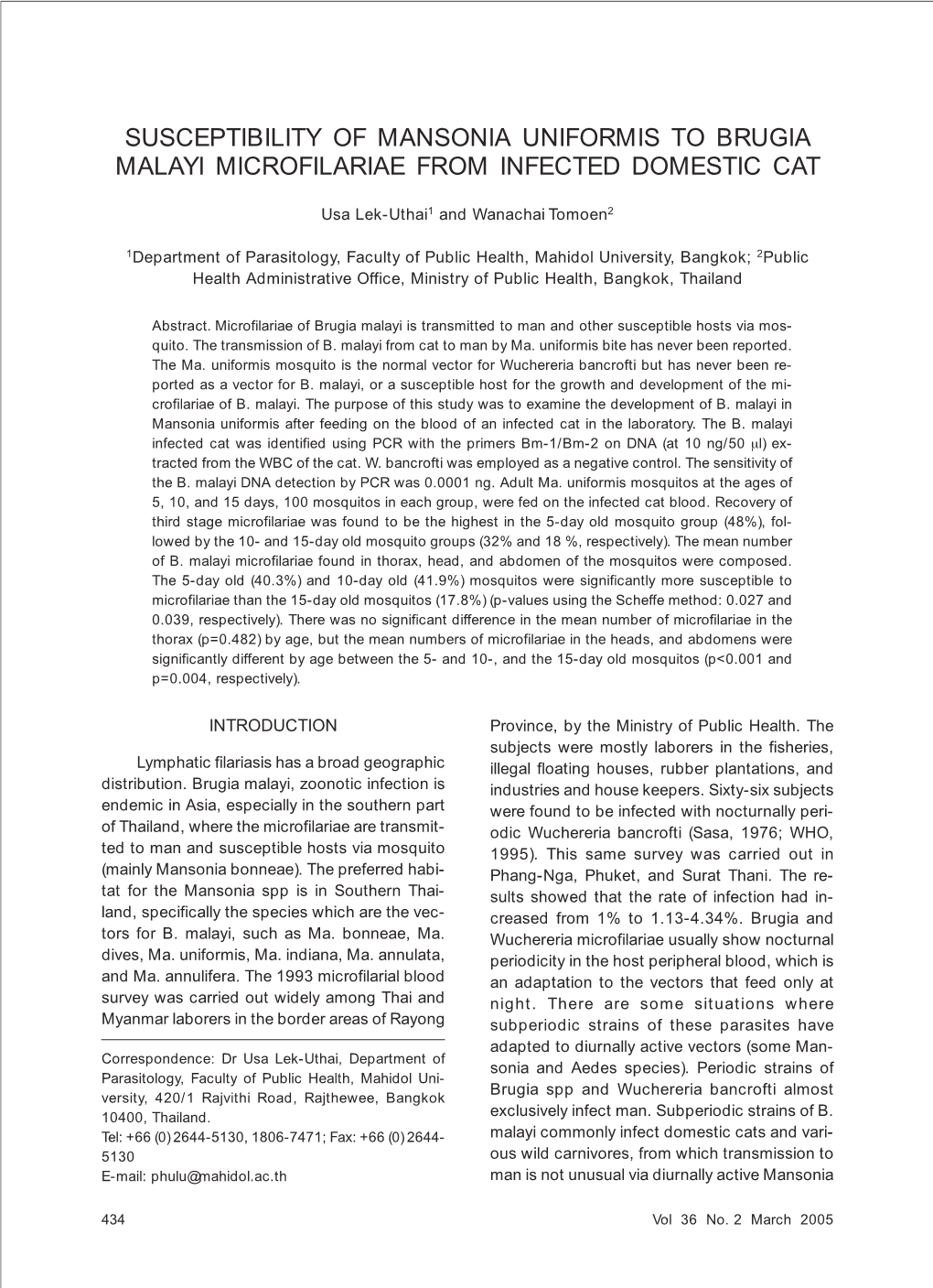 Susceptibility of Mansonia Uniformis to Brugia Malayi Microfilariae from Infected Domestic Cat