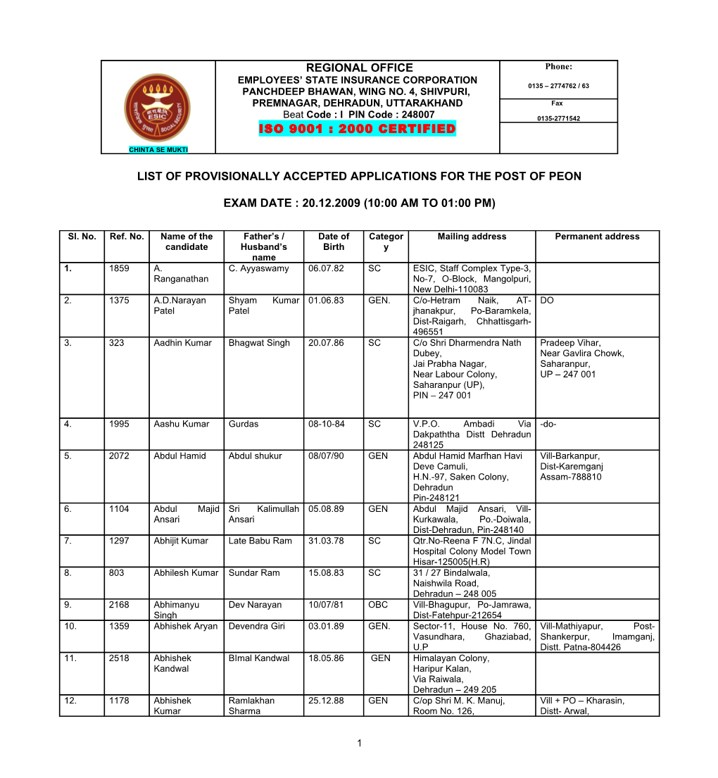 List of Provisionally Accepted Applications for the Post of Peon