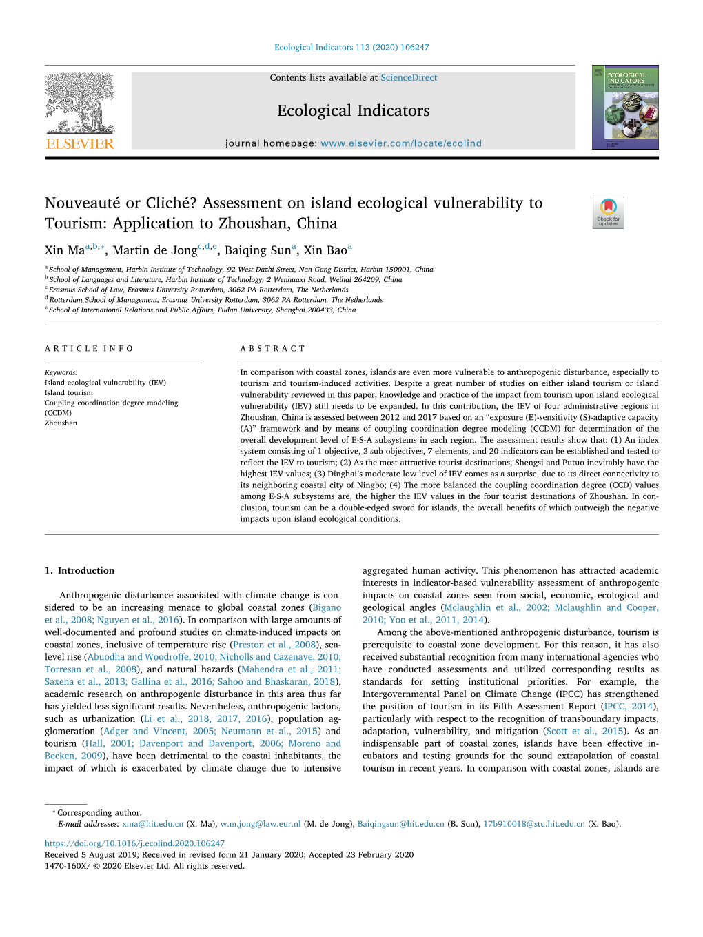 Assessment on Island Ecological Vulnerability to Tourism Application to Zhoushan, China