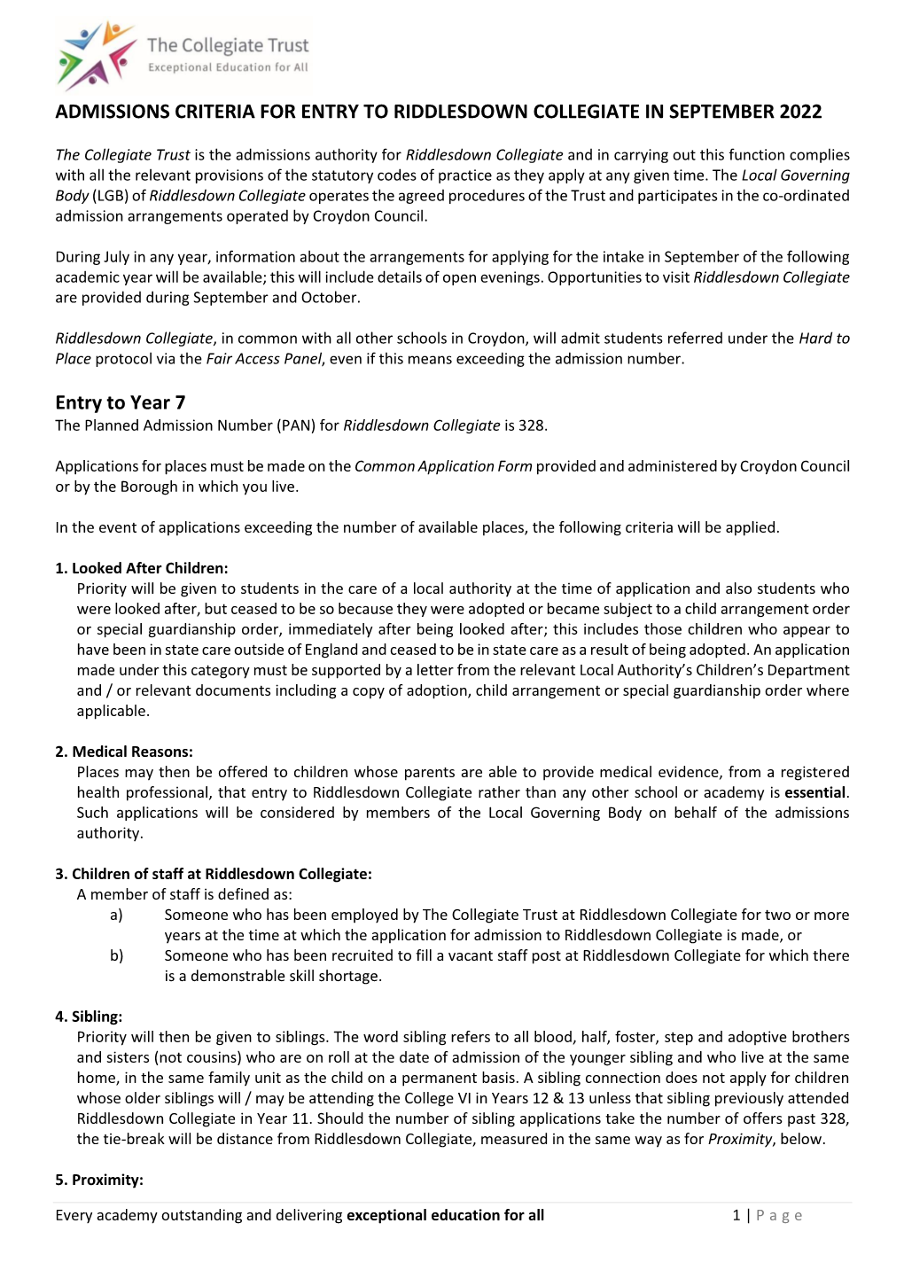 Riddlesdown Collegiate In-Year Admissions Criteria 2022