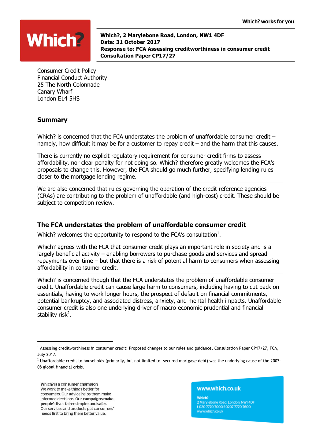 Summary the FCA Understates the Problem of Unaffordable Consumer Credit