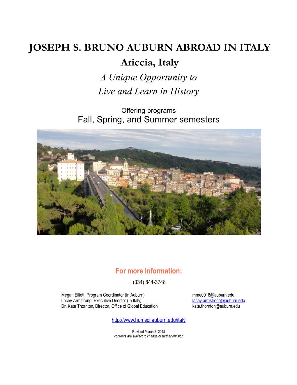 JOSEPH S. BRUNO AUBURN ABROAD in ITALY a Unique Opportunity to Live and Learn in History