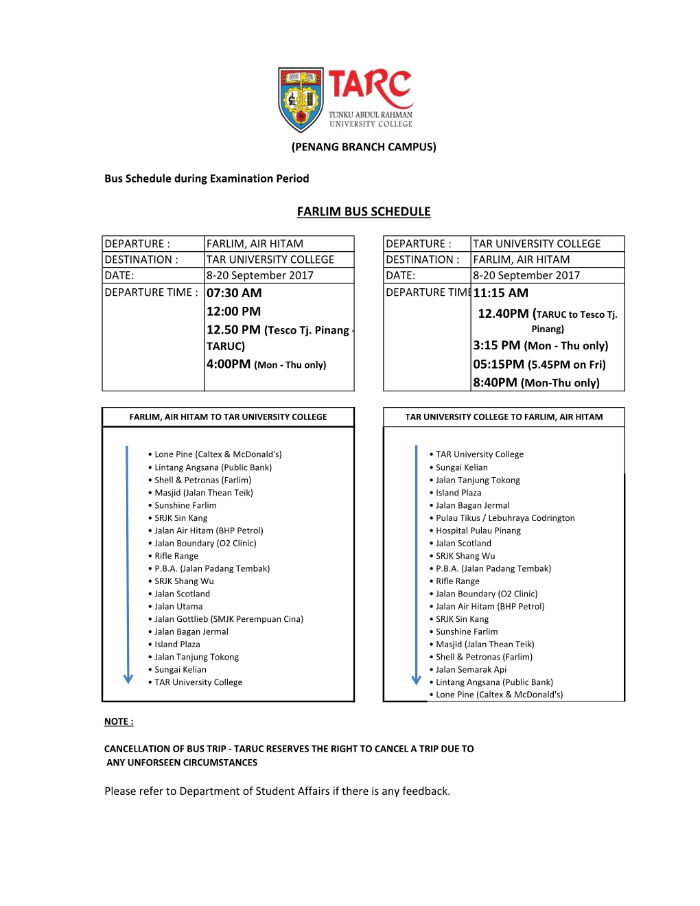 07:30 Am 11:15 Am 12:00 Pm Farlim Bus Schedule