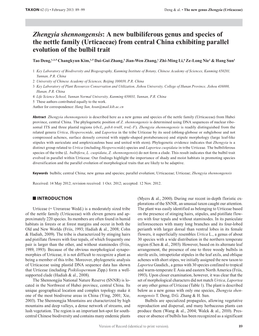 Zhengyia Shennongensis: a New Bulbiliferous Genus and Species of the Nettle Family (Urticaceae) from Central China Exhibiting Parallel Evolution of the Bulbil Trait