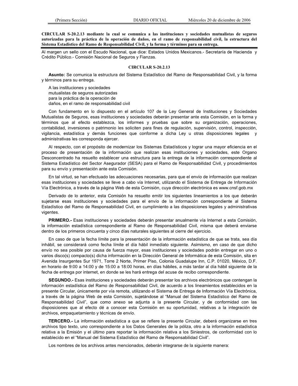 DIARIO OFICIAL Miércoles 20 De Diciembre De 2006 CIRCULAR S