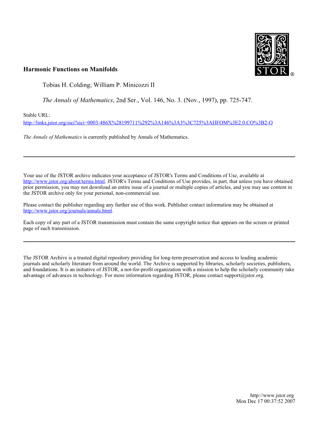 Harmonic Functions on Manifolds Tobias H. Colding; William P