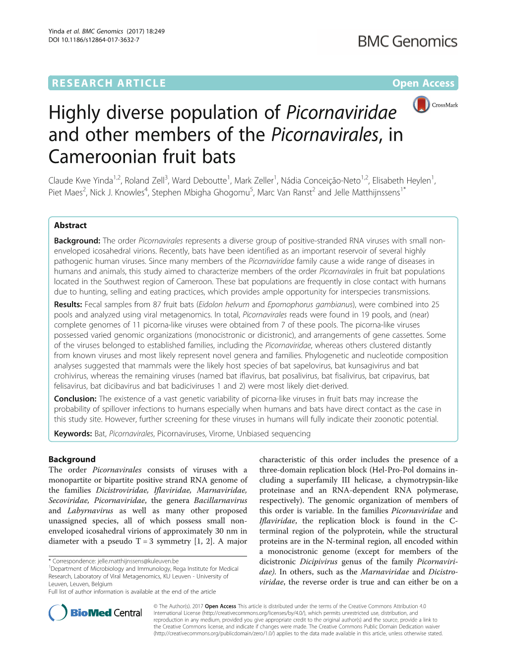 Highly Diverse Population of Picornaviridae and Other Members