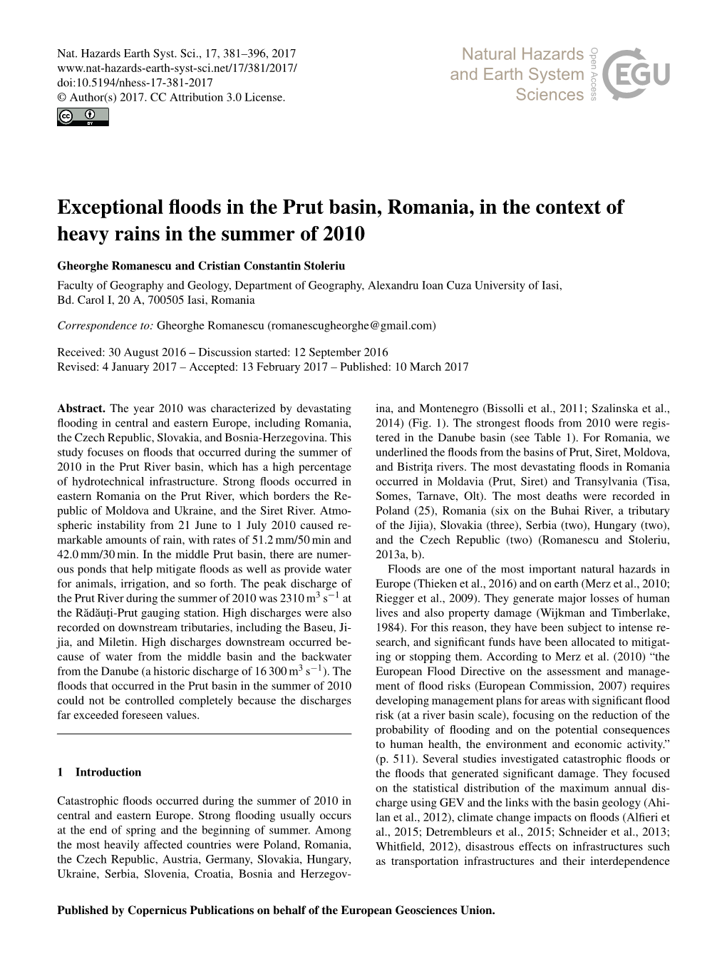 Exceptional Floods in the Prut Basin, Romania, in the Context of Heavy Rains in the Summer of 2010