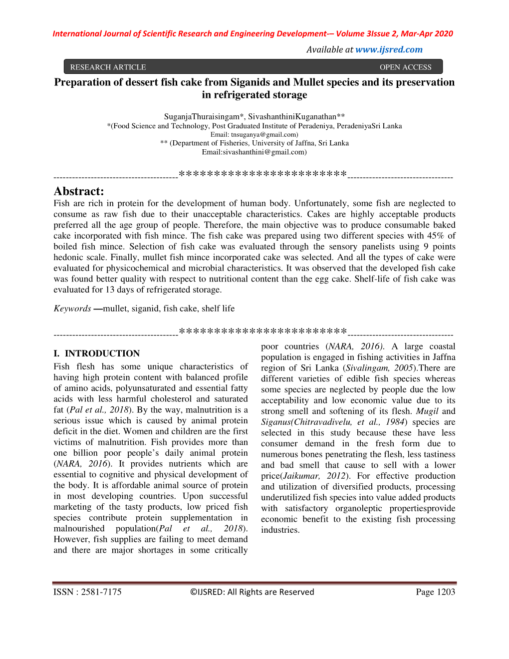 Preparation of Dessert Fish Cake from Siganids and Mullet Species and Its Preservation in Refrigerated Storage