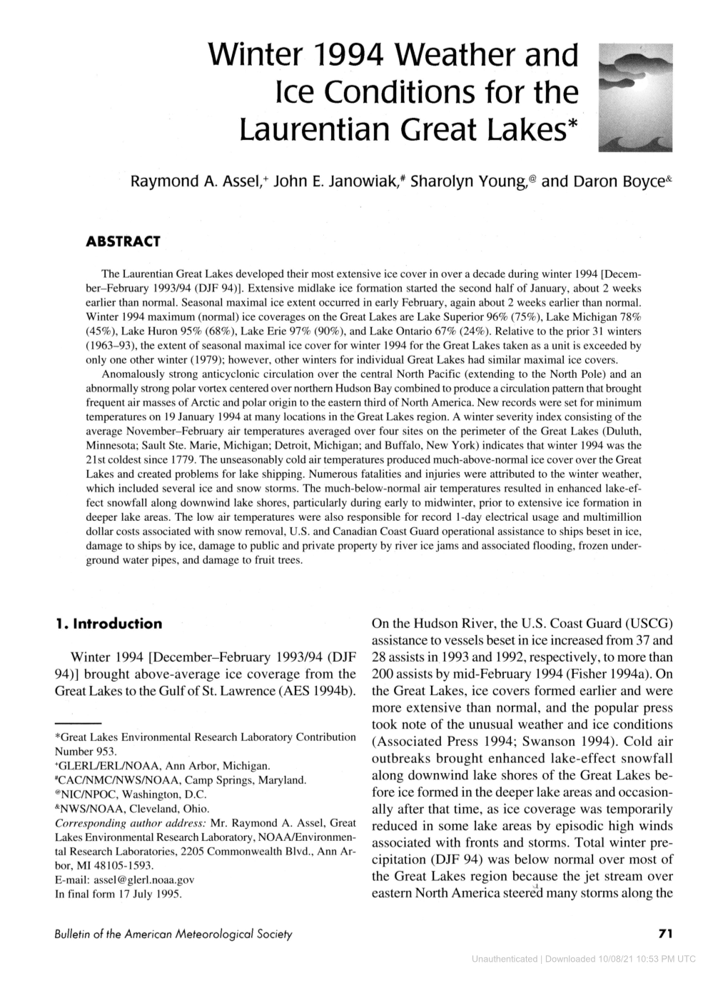 Winter 1994 Weather and Ice Conditions for the Laurentian Great