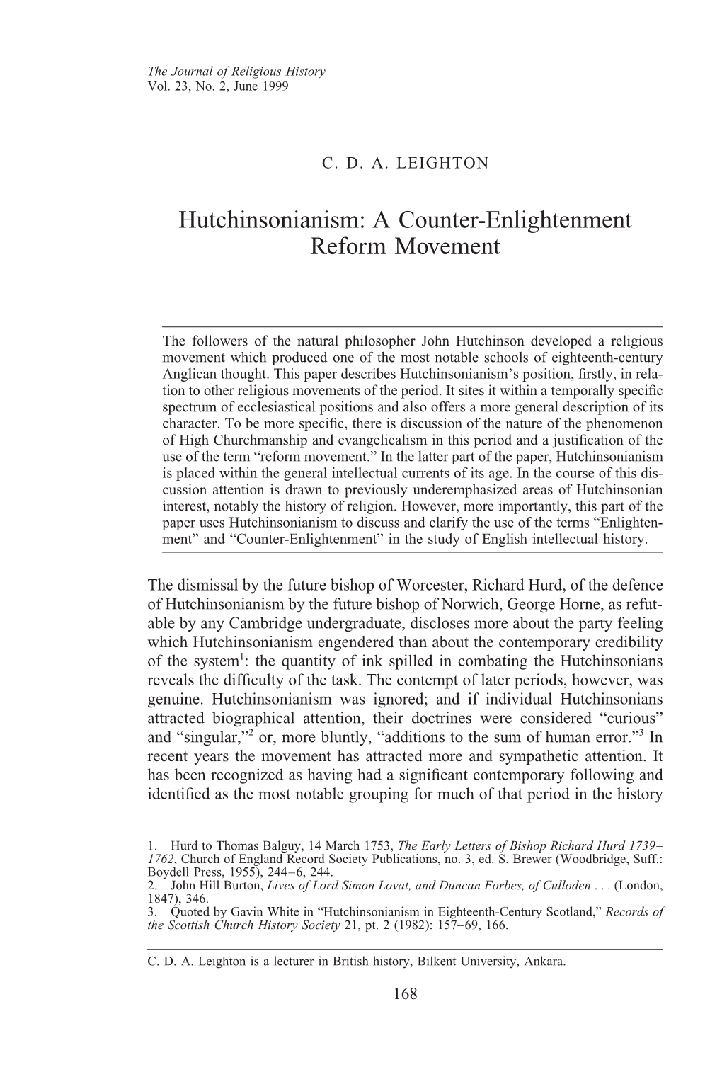 Hutchinsonianism: a Counter-Enlightenment Reform Movement