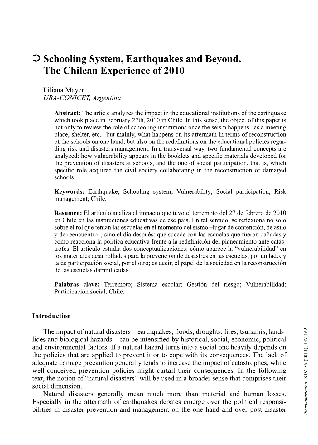 Schooling System, Earthquakes and Beyond. the Chilean Experience of 2010 149