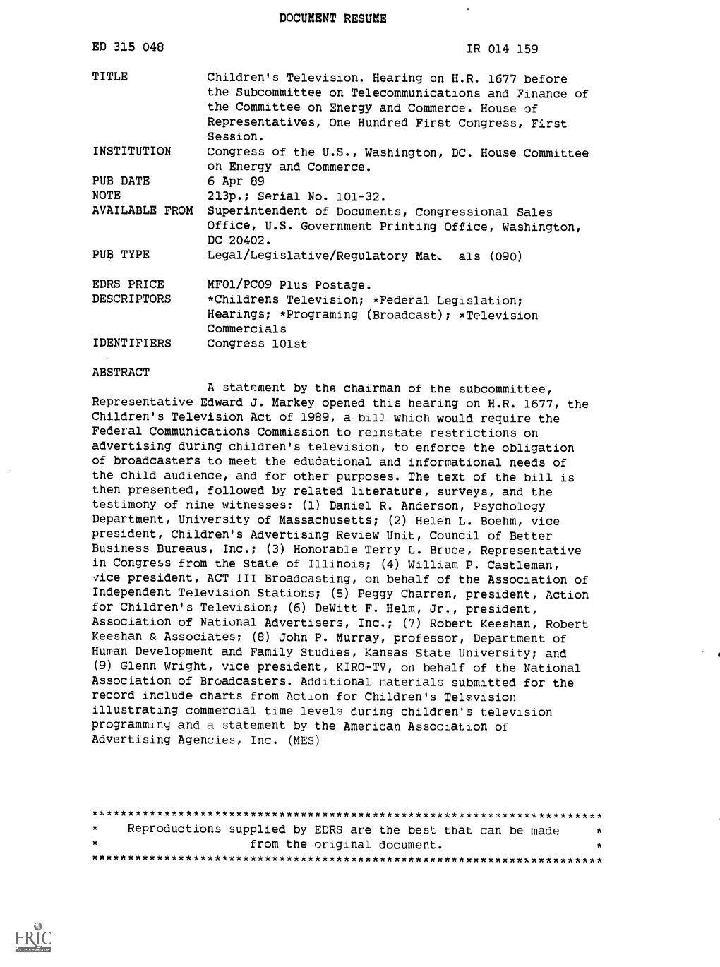 Children's Television. Hearing on H.R. 1677 Before the Subcommittee on Telecommunications and Finance of the Committee on Energy and Commerce