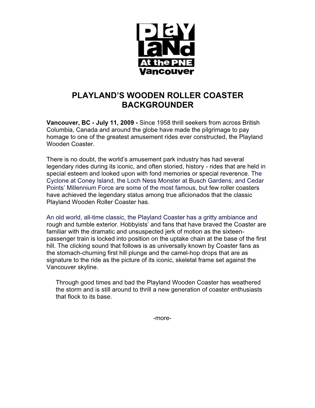 Playland's Wooden Roller Coaster Backgrounder