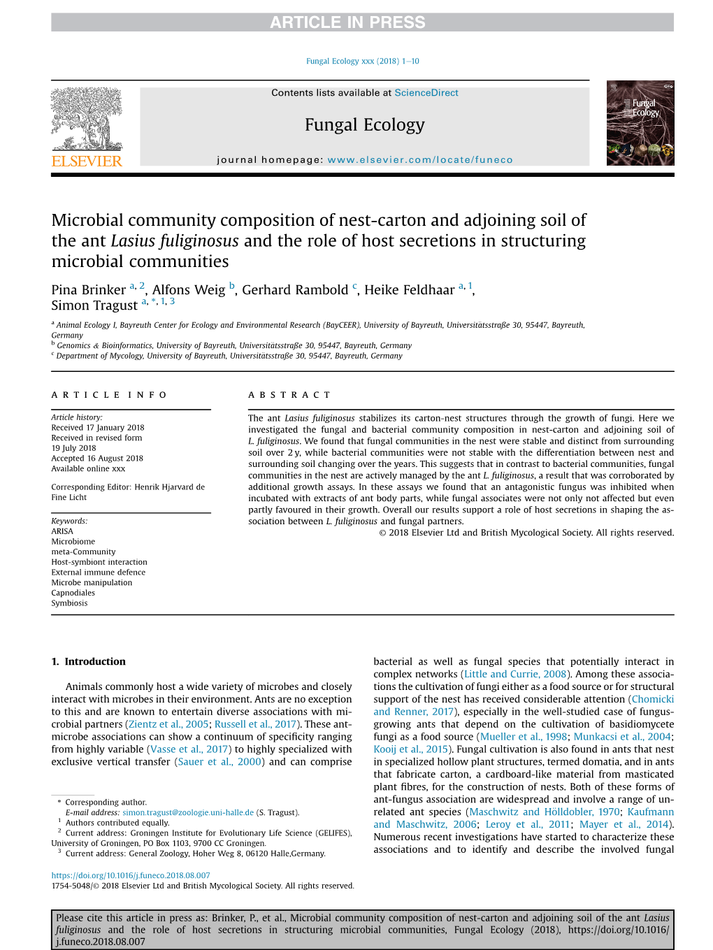 Microbial Community Composition of Nest-Carton and Adjoining Soil of the Ant Lasius Fuliginosus and the Role of Host Secretions in Structuring Microbial Communities