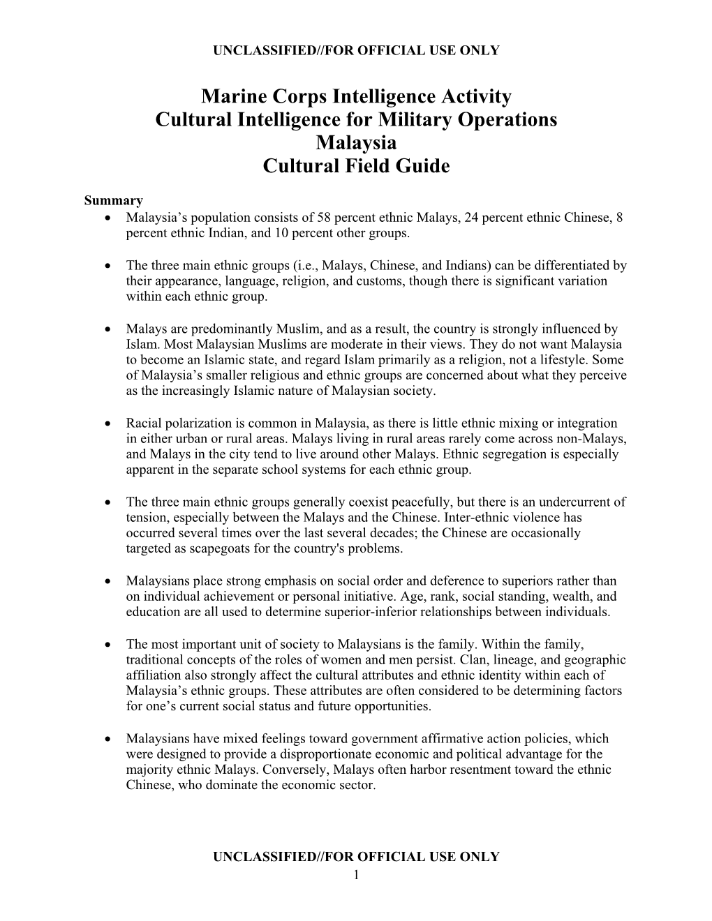 Marine Corps Intelligence Activity Cultural Intelligence for Military Operations Malaysia Cultural Field Guide