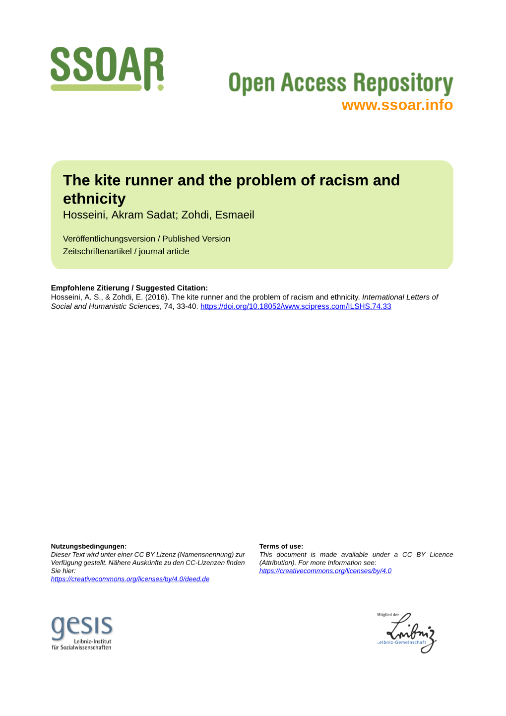 The Kite Runner and the Problem of Racism and Ethnicity Hosseini, Akram Sadat; Zohdi, Esmaeil