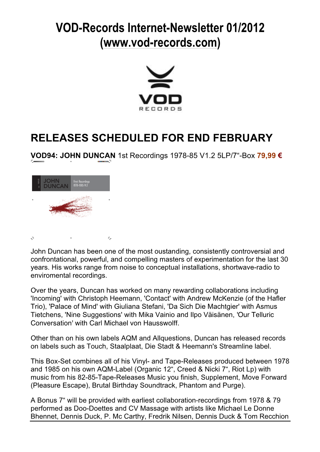 VOD-Records Internet-Newsletter 01/2012 (