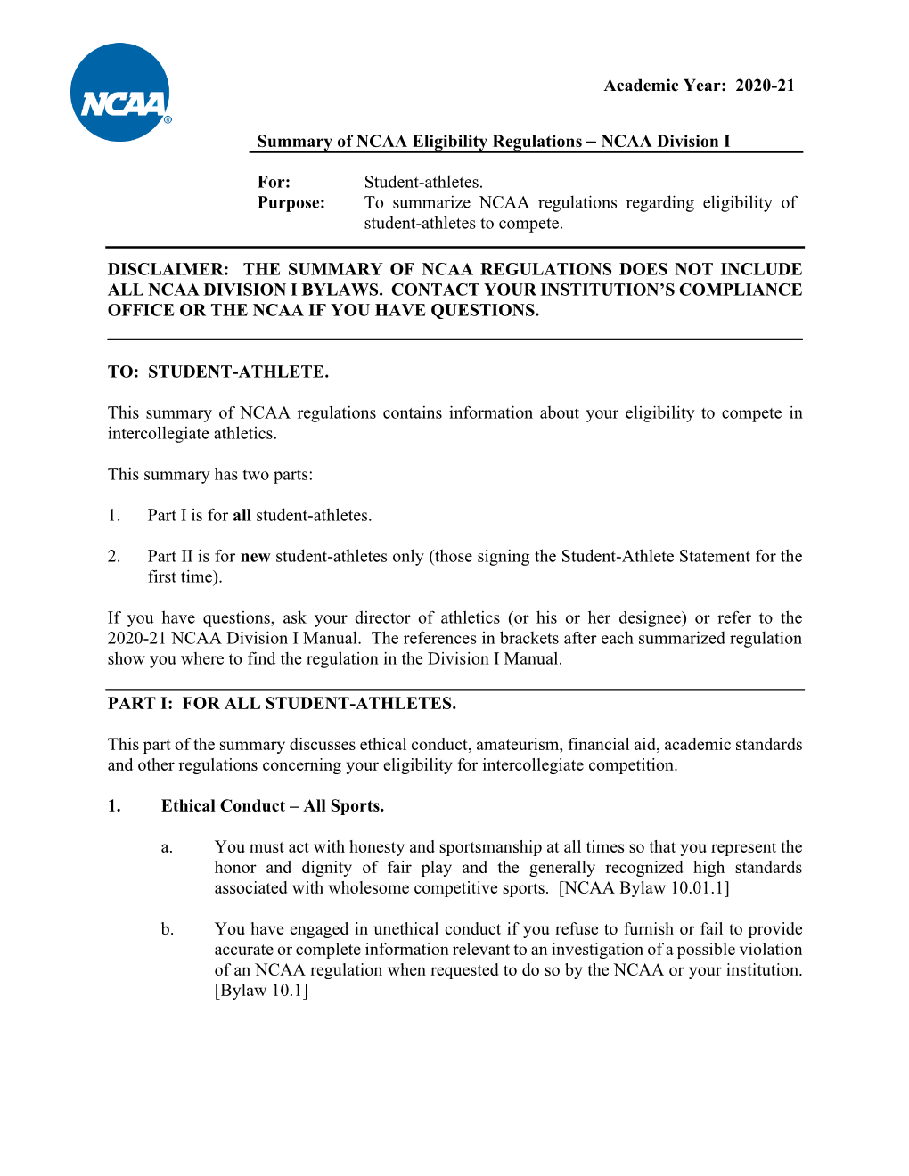 Summary of NCAA Regulations %EF%80%AD Division I