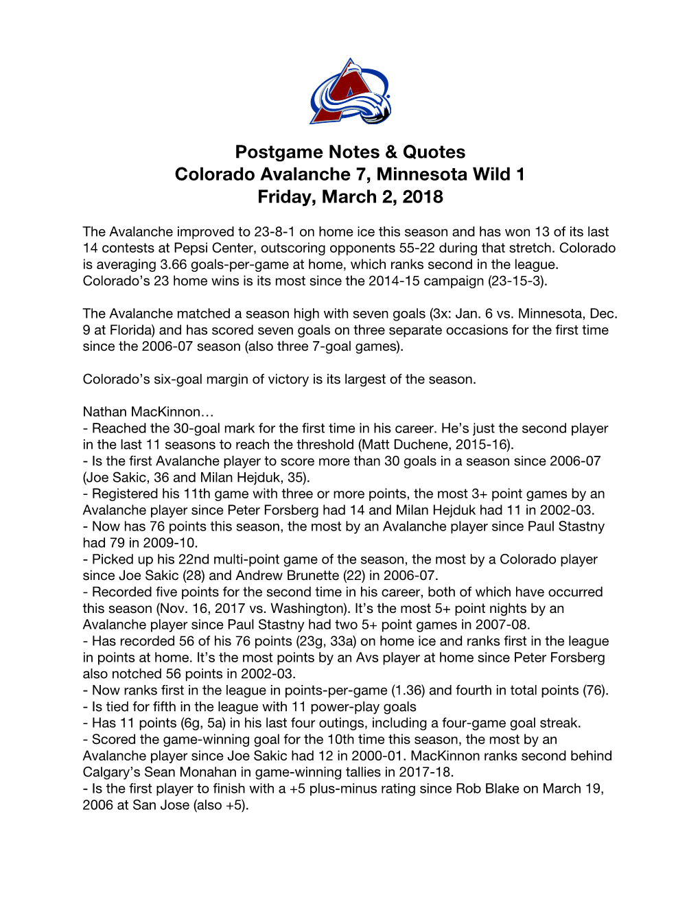 Postgame Notes & Quotes Colorado Avalanche 7, Minnesota Wild 1