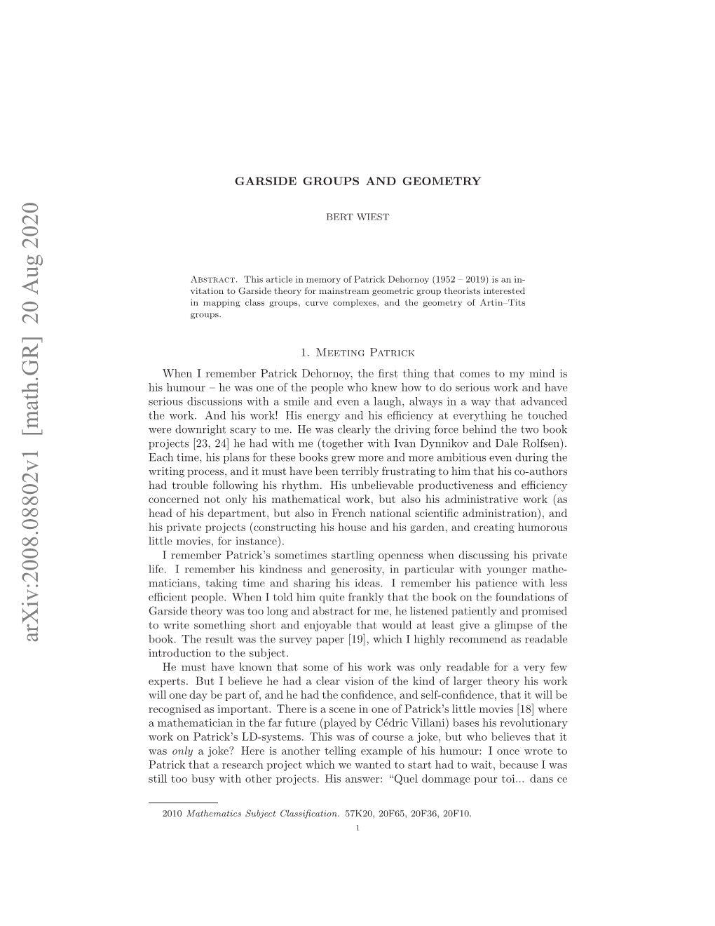 GARSIDE GROUPS and GEOMETRY – in MEMORY of PATRICK DEHORNOY 3 the Curve Graph – See E.G