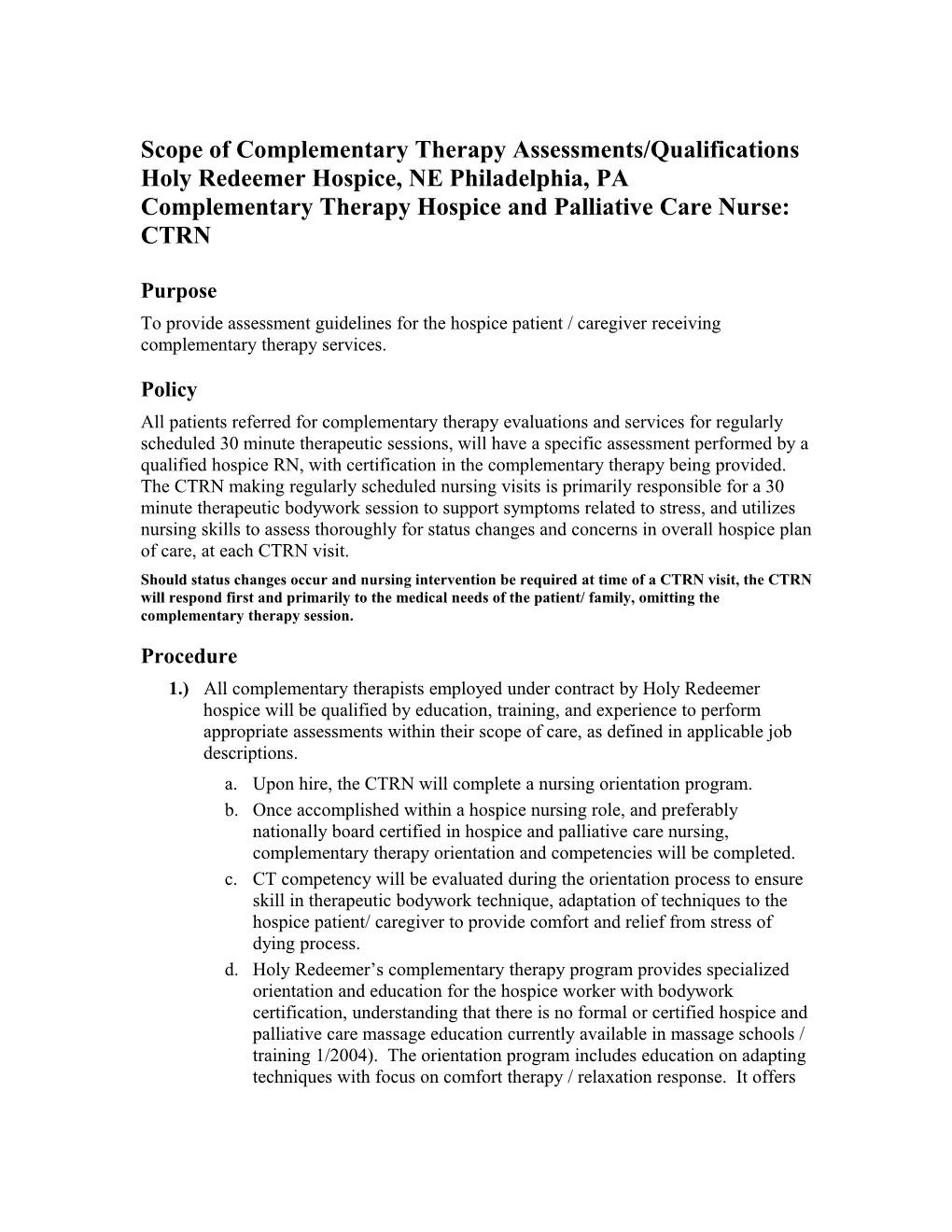 Scope of Complementary Therapy Assessments / Qualifications