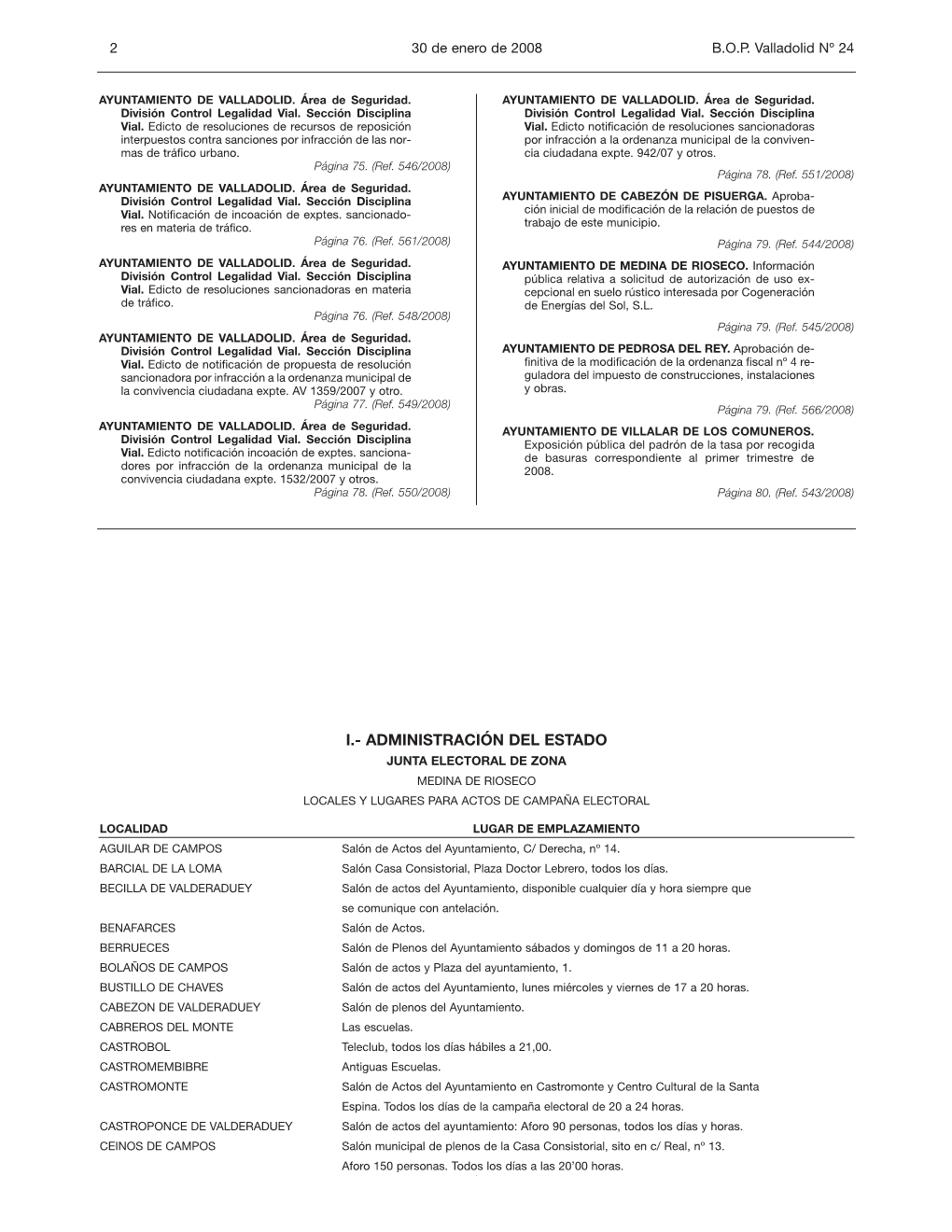 I.- Administración Del Estado Junta Electoral De Zona Medina De Rioseco Locales Y Lugares Para Actos De Campaña Electoral