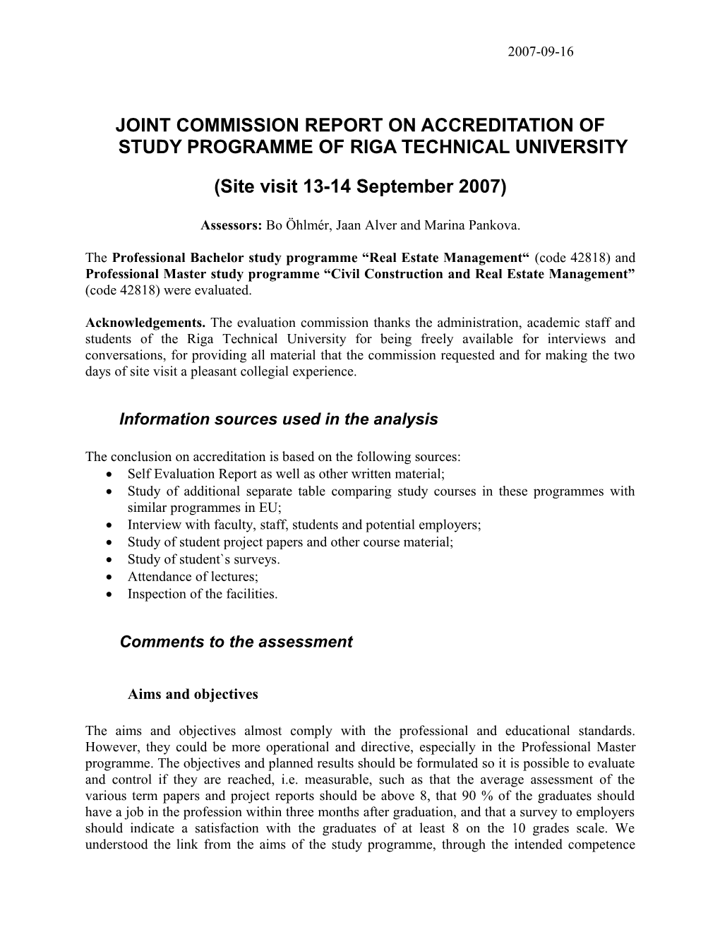 Joint Commission Report on Accreditation of Study Programme of Riga Technical University