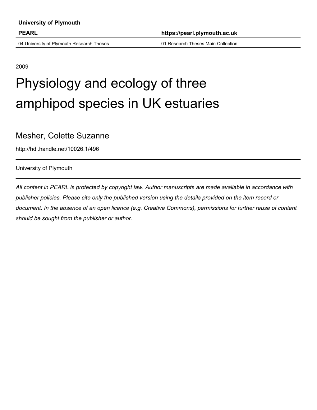 Physiology and Ecology of Three Amphipod Species in U.K. Estuaries